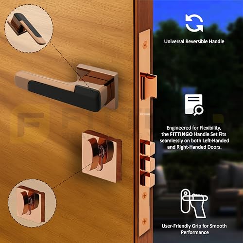Image of Munich Mortise Door Handle Lock Set /Premium Zinc Alloy Door Handle with Lock /Heavy Duty Main Door Handle with Key Lock for Home, Office & Hotel Doors - 3 Years Warranty (PVD Rose Gold Black)
