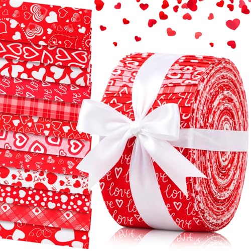Ganeen 60 Pcs Heart Jelly Fabric Roll Strips 2.5 x 39.3 Cotton Quilting Fabric Roll Red Love Print Precut Cloth Strips Bundle for Wedding Decor Anniversary Sewing DIY Craft 12 Styles