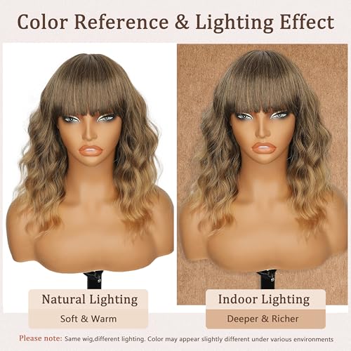 Image of Nnzes Short Wavy Bob Wig with Bangs for Women Shoulder Length Curly Soft Light Brown Blonde Ombre Synthetic Heat-Resistant Fiber Hair for Daily & Party Use