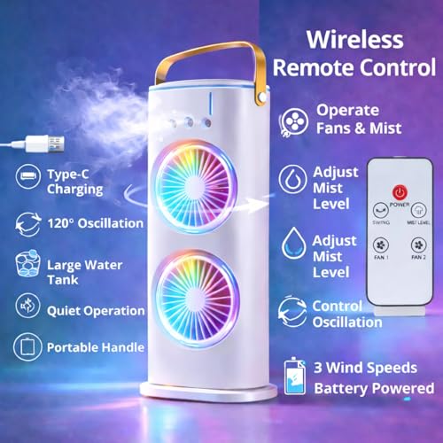 Image of Portable Air Cooler Dual Fan with Remote Control | Large Water Tank With Mist Humidifier | Type-C Rechargeable | 3-Speed Desk Air Cooler with Colourful RGB Light | 120 Rotate Airflow