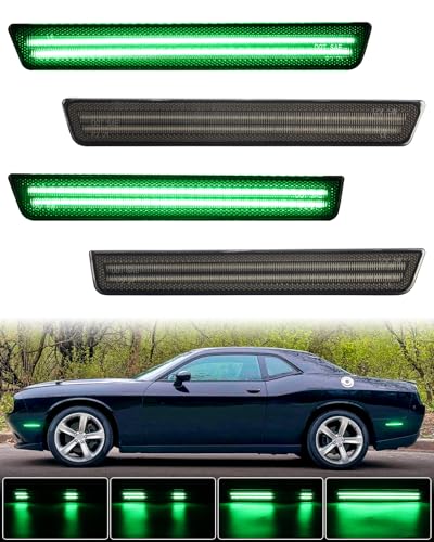 Dynamic Green LED Side Marker Light for Dodge Challenger 2015 2016 2017 2018 2019 2020 2021 2022 2023 Smoked Len Front Rear Green Bumper Fender Lamps, Pack of 4