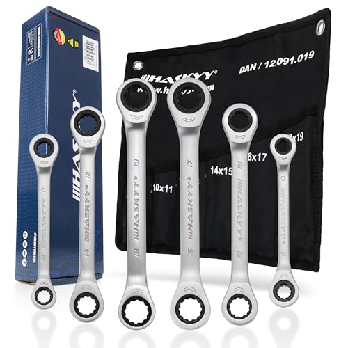 HASKYY 6tlg. Doppel-Ring-Ratschenschlüssel-Satz 8x9 I 10x11 I 12x13 I 14x15 I 16X17 I 18x19 in Systemtasche 8-19mm Maul-Ringschlüssel-Set