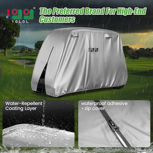Image of 10L0L 4 Passenger Golf Cart Cover Fits EZGO, Club Car and Yamaha, 400D Waterproof Durable Polyester Golf Cart Cover with Three Zipper Doors Windproof Sunproof - Sliver
