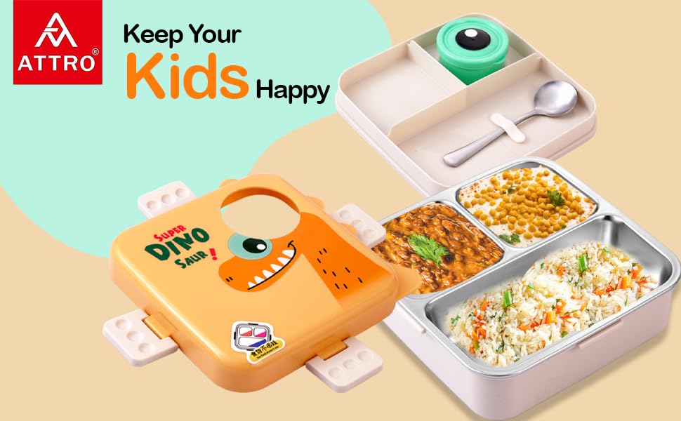 Image of ATTRO Carnival Super Dino Lunch Box 2 Layer Stainless Steel Lunch Box Comes with 1 Detachable Tray, 1 Small Container & 1 Spoon Ideal for Kids BPA Free 1120ml+70ml- Yellow