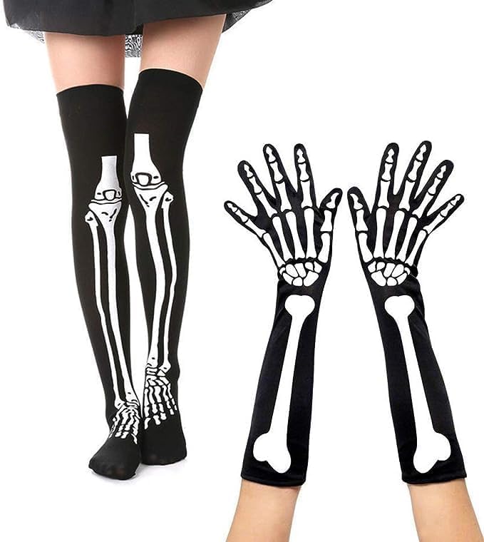 NICAI Kitchen 2 works Halloween Skeleton Gloves Stockings Set,Halloween Skull Stockings Halloween Cosplay knee-high socks Costume halloween skeleton socks Party Mardi Gras
