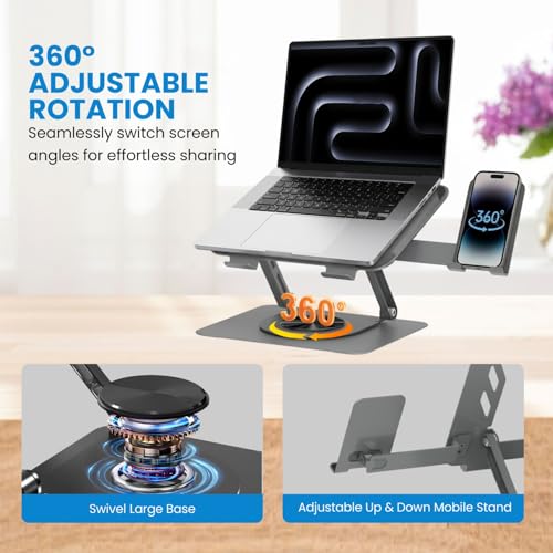 Image of Dyazo 360 2-in-1 Laptop Stand with Detachable Mobile Holder | Multi Adjustable Height & Angle, Foldable Metal Design with Cooling Vents | Compatible for MacBook, HP, Dell, Acer, Lenovo & More (Grey)