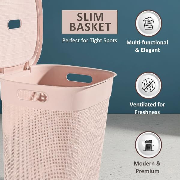 Image of KITCHIVO Plastic Large 55 Ltr Laundry Basket with Lid & Handle | Multipurpose Hamper Bins Storing Washable Clothes, Blankets | Household Ideal for Home & Bathroom (Woods Light Pink Laundry Basket)