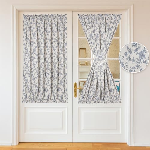 Image of Farmhouse French Door Curtains 1 Pair Rustic Floral Linen Sidelight Privacy Door Panel Curtains, Retro Orchids on Beige