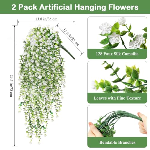 Image of Lewondr Artificial Fake Hanging Flowers Plants for Outdoor Summer Decoration, 2 PCS Realistic Camellias, 29.5'' UV Resistant Look Real for Outside Home Indoor Planter Porch Patio Balcony Yard Decor
