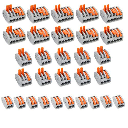 Lever-Nut Compact Wire Connectors - 30 Pack Assortment, 2, 3, 5 Port Lever Conductor Terminal Blocks