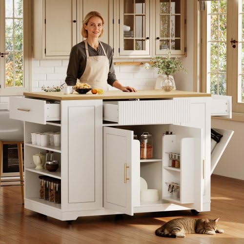 Biała wyspa kuchenna z wbudowanym koszem na śmieci – meble na kółkach z 2 drzwiami i 3 szufladami, regulowane półki, blat roboczy, 120 x 50 x 92 cm