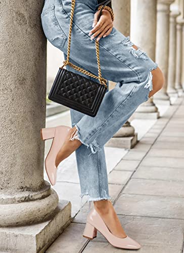 Guayonng Womens Chunky Block Low Heels Pumps Sexy Closed Square Toe Slip On Office Party Wedding Dress Shoes Nude #TOP4