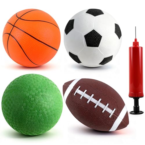 ZCOINS 4 Pcs 15CM Inflatable Sports Balls Set for Kids with Hand Pump, 6 Inch Small Rubber Bouncy Soccer Basketball Football Playground Ball Indoor Outdoor Beach Pool Activities Toys for Kids Boys