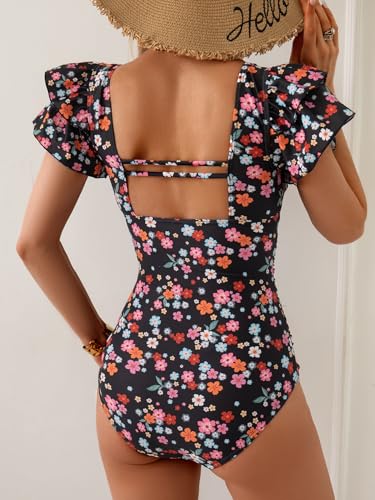 Image of Eomenie Women's Tummy Control One Piece Swimsuit Ruffle Square Neck Bathing Suit Ruched Cutout Back Slimming Swimwear