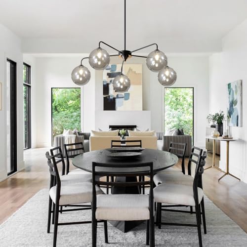 Image of Mid Century Modern Chandelier Smoky Gray Clear Glass Globe Ceiling Light Fixture 5 Light Black Sputnik Chandelier for Kitchen Dining Room Bedroom