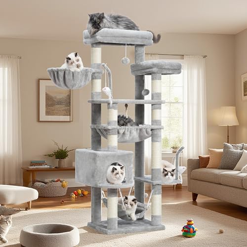 Gitelsnour Cat Tree, Cat Tower for Large Cats with 2 Big Platforms, 2 Baskets, condo and Toys, 63" Cat Scratching Posts for Indoor Cats, Light Gray GCT020W by Gitelsnour - Image 7