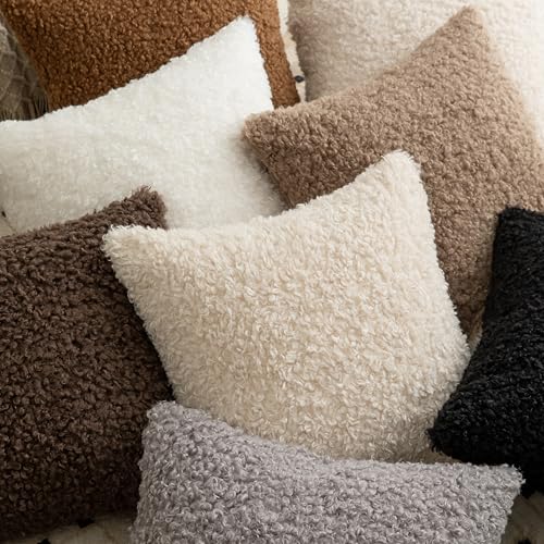 Image of Pack of 2 Curly Teddy Wool Faux Fur Throw Pillow Covers Fuzzy Accent Soft Sherpa Pillowcases Sheepskin Fleece Decorative Cushion Case for Sofa Couch Living Room 26x26 Inch Bronze