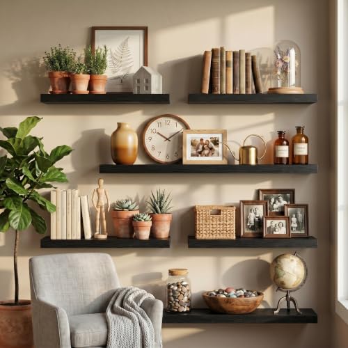 Image of Fun Memories 32 Inch Floating Shelves for Wall, Black Wood Wall Mounted Shelf with Invisible Bracket, 10 Inch Deep Large Shelves for Living Room Bathroom Bedroom, Set of 3