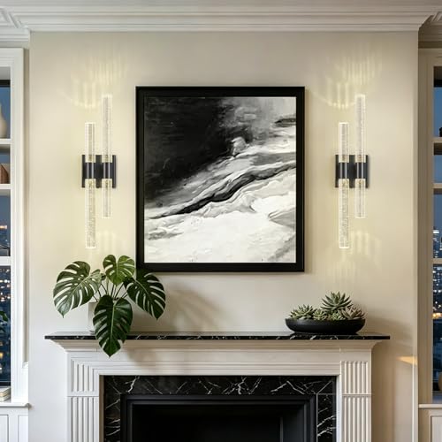 Image of Crystal Wall Sconces Set of Two Black Wall Sconce Hardwired LED Bathroom Vanity Light Fixtures 21.25in 4000K Vertical and Horizontal Wall Mounted Sconces for Bedroom, Living Room, Hallway