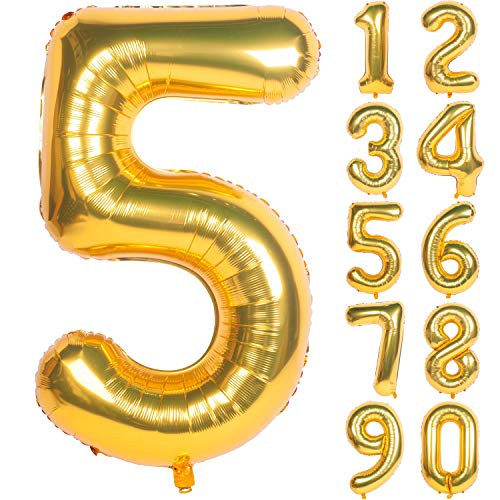 Image of 40In Large Gold Number Balloon 5 Aluminum Foil Mylar Big Number Balloon 0-9 | Suitable for Gold Birthday Parties, Weddings and Anniversary Photography