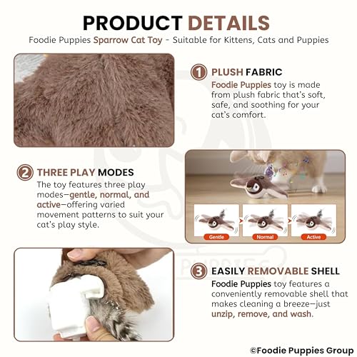 Image of Foodie Puppies Interactive 3 Mode Flapping Wings Bird Cat Toy with Catnip - (Flapping Sparrow) for Cats & Kittens I Touch Activated, Rechargeable, Chirping Sparrow Sound Plush Toys for AduIt Bored Cat