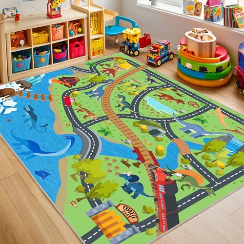 OHDS Kids Rug for Playroom 4x5 ft Car Rug Play Mat City Road Dinosaur Rugs