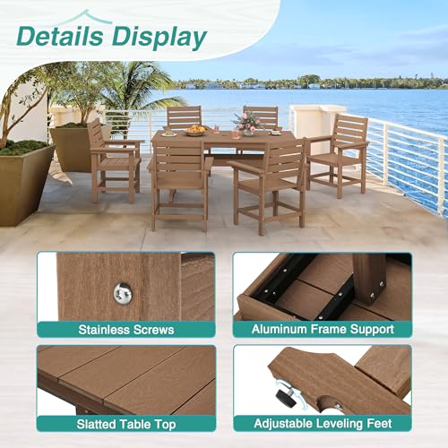 Homenjoy Patio Table and Chairs Set 7 Pieces, HDPE Weather Resistant Outdoor Dining Set with Umbrell Hole, Rectangle Outdoor Dining Table with 6 Patio Chairs, Patio Dining Set for Balcony,Light Brown