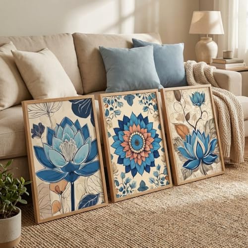 Image of Livin'luxe Set of 3 Blue Lotus Floral Wall Paintings for Living Room Bedroom Home Decor, Textured Artwork with Premium Wooden Color Synthetic Frame (25.5 x 19.5 Inch) NM03-53