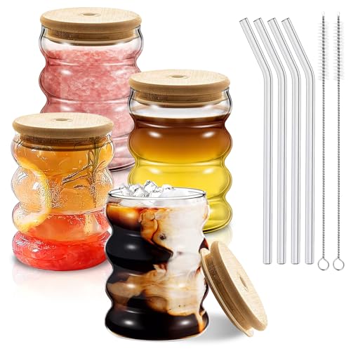 BORDEAG Bubble - Lot de 4 verres à latte macchiato - 350 ml - Verres à café avec couvercle et paille - Verres à long drink pour eau, lait, soda