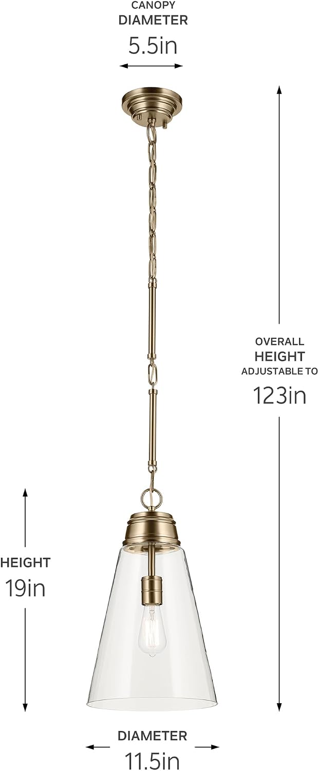 Kichler Marsailli 1-Light Medium Pendant Light Fixture with Clear Glass in Champagne Bronze, Updated Traditional Hanging Light for Kitchen Island, Dining Room (19" x 11.5"), 52661CPZCLR