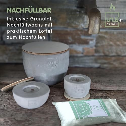 UNUS Beton- Feuer Outdoor Beton Kerze konisch groß, 100g Nachfüllwachs, Löschbrett und Löffel zum Nachfüllen, Tischkamin mit Dauerdocht, Tischfeuer Recycling Kerzenwachs-3