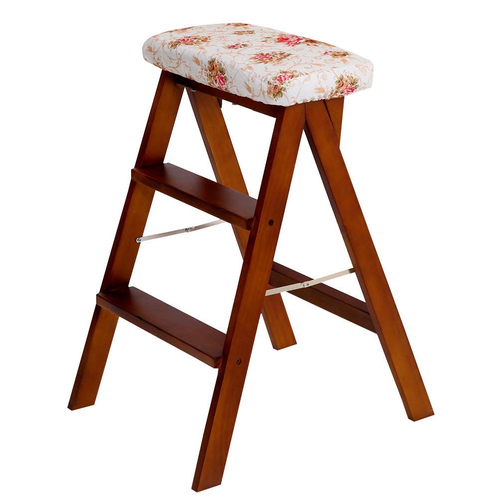 Escabeau pliant haut de gamme en bois massif avec assise en lin lavable premium
