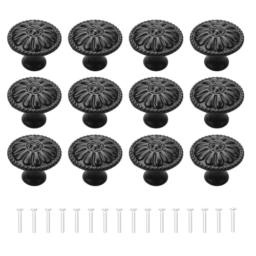 RUNEAY Furniture Knobs Vintage Black Pack of 12 Plastic Cabinet Knobs 32 mm ABS Drawer Knobs Door Knobs Dresser Knobs for Cupboard Drawers