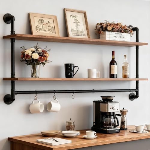 Industrial Pipe Shelving Wall Mounted,Pipe Shelves with Planks(2 Tier 48In)