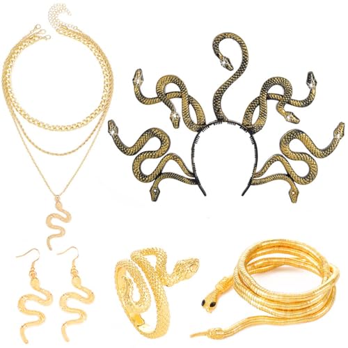 Fashey Gold Snake Jewelry Set - Layered Necklace, Earrings, Rings, Medusa Costume Headband for Women (5 PCS)