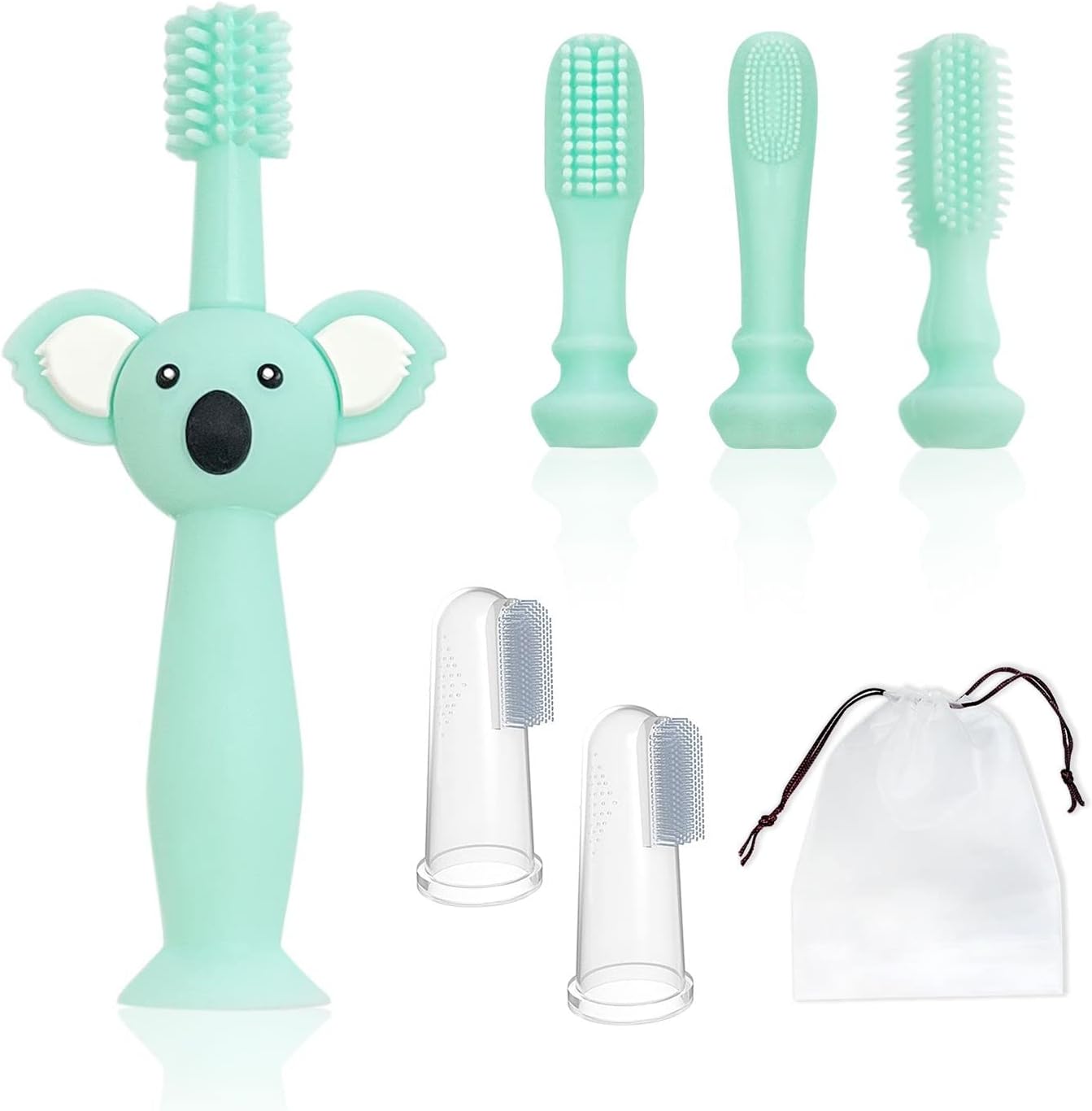1 pc Cyan Silicone Baby Toothbrush with 4 Brush Heads, Food Grade Silicone Gum Massage Toothbrush for Tooth Cleaning, and 2 pcs Clear Finger Toothbrush and 1 Storage Bag