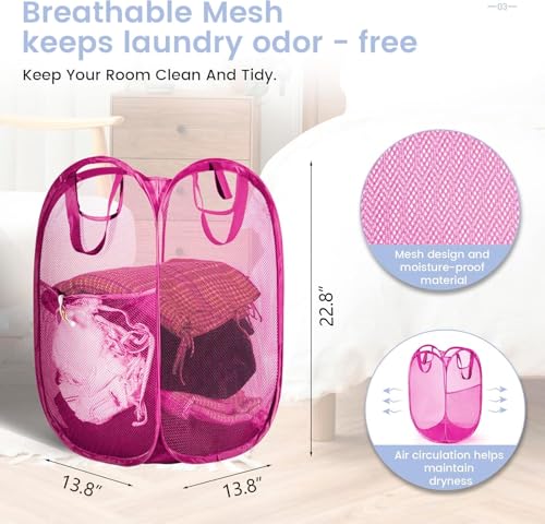 Image of HOUSE AGAIN 2 Pcs Pop Up Laundry Hamper, Strong Mesh Laundry Baskets Collapsible, Hamper with Handles and Side Pocket, Portable Foldable Dirty Clothes for Dorm, Laundry room and Travel Storage, Pink