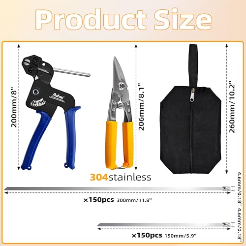 Stainless Steel Cable Tie Gun, 300PCS 304 Metal Zip Ties Heavy Duty Outdoor, 200LBS Tensile Strength & UV Resistant for Vehicles Exhaust Wrap Wire Fence Chicken Coop - Thumbnail 2
