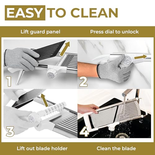 Image of Gramercy Adjustable Mandoline Food Slicer, Mandoline Slicer for Kitchen, Mandolin, Potato, Tomato, Carrot, Vegetable, Fruit and Onion Cutter - Stainless Steel - INCLUDING 1 Pair Cut-Resistant Gloves