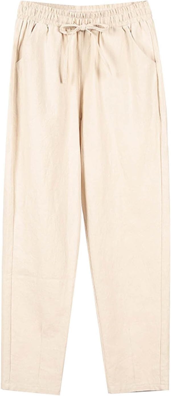 Summer Cotton Linen Plus Size Pants Casual Cropped Trousers, Breathable Lightweight Pant with Comfort Fit for Women