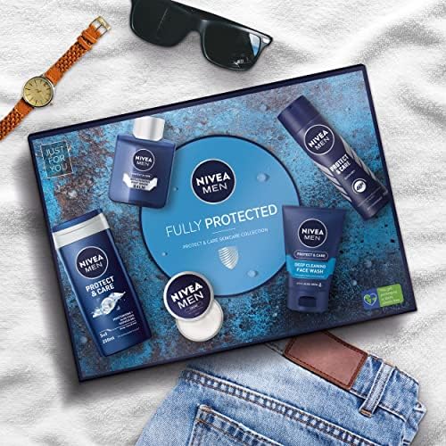 NIVEA MEN Fully Protected Gift Set (5 Pieces), Men's Toiletry Gift Set Includes Shower Gel, Face Wash, Moisturising Cream, After Shave Balm and Anti-Perspirant