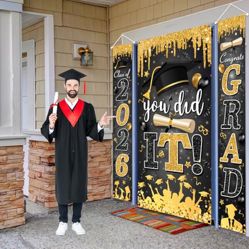 Image of Black and Gold Graduation Decorations Class of 2026 Congrats Grad Banner and You Did It Door Cover for High School College Grad Party Supplies(Black)