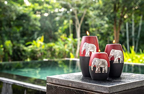 Iyara Craft 3 Wooden Candle Holders– Decorative Candle Holders With Inlaid Aluminium Antique Elephant – Intricate Details – Matte Wood Finish – Ideal For Modern & Rustic Settings (Rugby Shape) #TOP4
