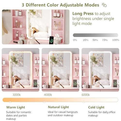Image of Small Vanity Desk with Mirror and Lights, Makeup Vanity with LED Lights, Pink Vanity Mirror with Lighted Desk and Chair, 3 Lighting Adjustable Compact Dressing Table with Mirror for Women, Girls