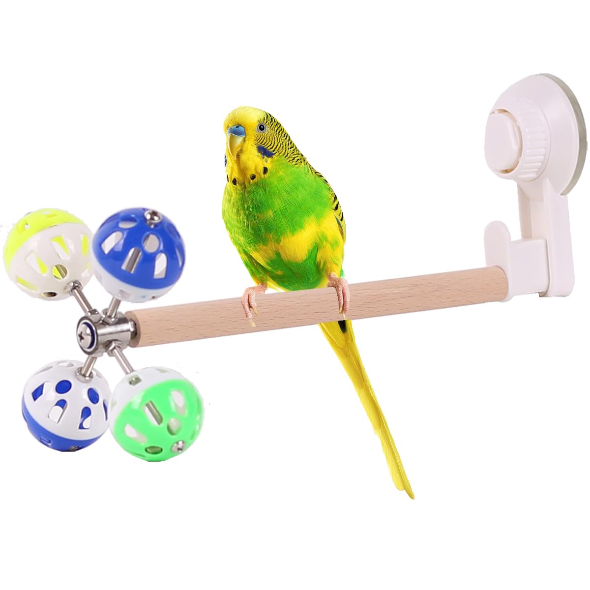 Window Suction Cup Bird Perch Toy for Parakeet, Movable Parrot Stand with Rotating Balls Bells for Window Mirror Glass Mount, Spinning Perch Toy (White, Suction Cup)