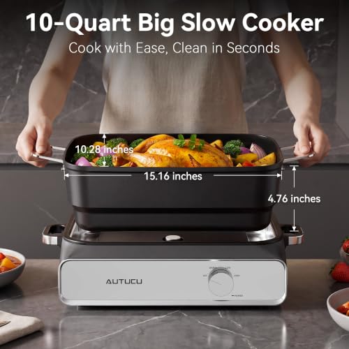 Image of Slow Cooker 10-Quart - PFOA-Free Ceramic Coating, Oven Safe to 450F | Keep Warm Function for Large Family Gatherings (Includes Silicone Spoon)