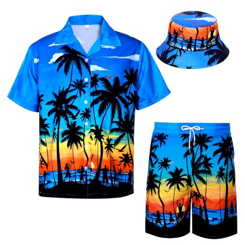 Raveparty Set di camicia hawaiana e pantaloncini da uomo, camicie hawaiane estive, camicie hawaiane da uomo, spiaggia, vacanze al mare, Blu, L