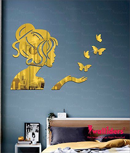 Wall1ders Acrylic Angel & 4 Butterflies 3D Mirror Wall Stickers for Home (Golden, Large)