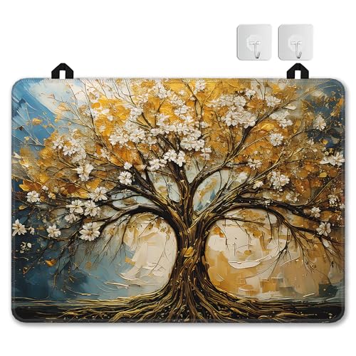 Image of Gold Tree Stove Top Covers for Electric Stove,Spring White Flower Glass Top Stove Cover, Heat Resistant Range Covers for Electric Stove,Washable Countertop Mat, 28 x 20 Inch