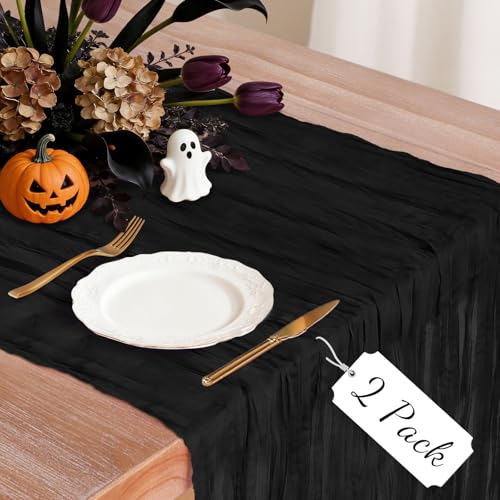 2 Pack Cheesecloth Table Runner, 120 Inch Black Table Runner for Decor